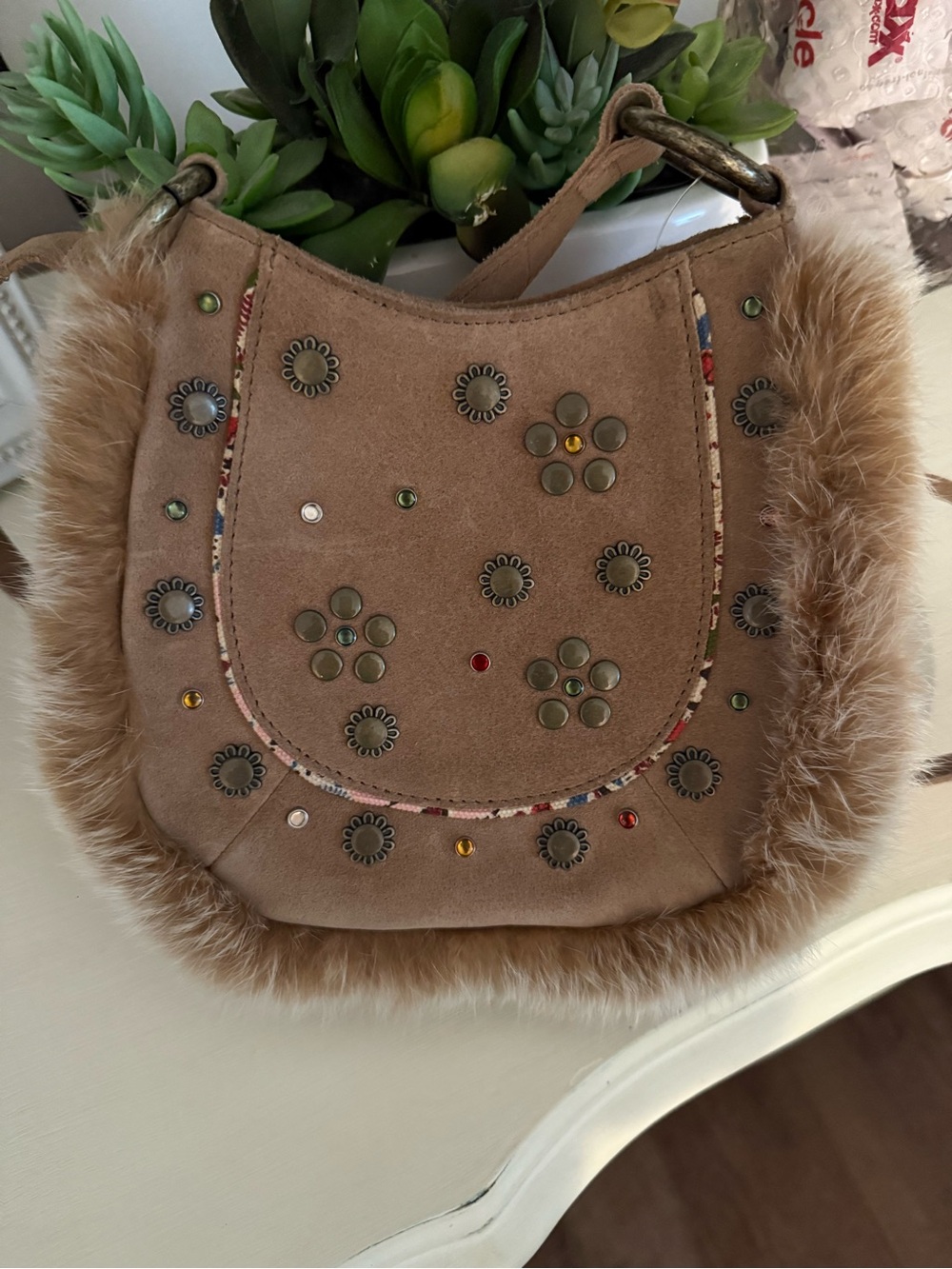 BCBGMaxAzria Tan Suede Shoulder Bag with Faux Fur Trim & Stud Accents